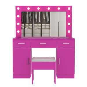 Tavolo da toeletta in legno con 3 cassetti e 2 armadietti, ampio piano in vetro illuminato e presa di corrente - Product Image 6