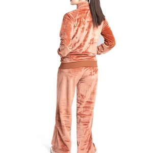 Ensemble de jogging en velours uni pour femme, grande taille, avec logo personnalisé en strass, comprenant un sweat à capuche court et un pantalon - Product Image 5