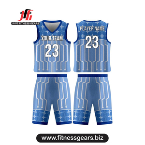Conjunto de Uniforme de Baloncesto Personalizado Azul Sublimado con Cuello en V Sin Mangas Unisex para Adultos Transpirable de Malla - Product Image 1