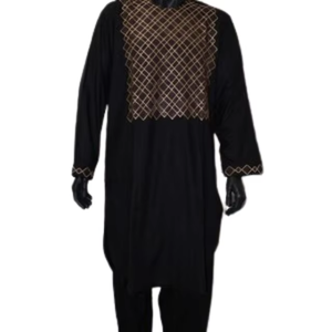 Trajes formales afganos para hombre en negro azabache con adornos metálicos dorados y motivos bordados intrincados, perfectos. - Product Image 1