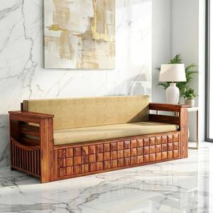 Solid Sheesham Wood Traditional Convertible <b>Sofa</b> <b>Bed</b> with Foldable Design Fabric Upholstery and Foam Filling Carved Panel - Product Image 5