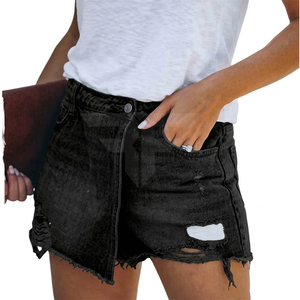 Shorts de mezclilla ligera para mujer, de cintura alta, estilo recto, transpirables, de secado rápido, para verano, estilo urbano, casual, con logo en la cintura, lavados. - Product Image 1