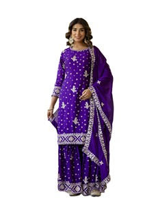 FULLY STITCHED SHARARA WITH ELASTIC RUBBER WITH FULL FLAIR CHINON <b>TOP</b> WITH EMBROIDERY SEQUENCE DESIGN WORK SALWAR KAMEEZ SUIT - Product Image 3