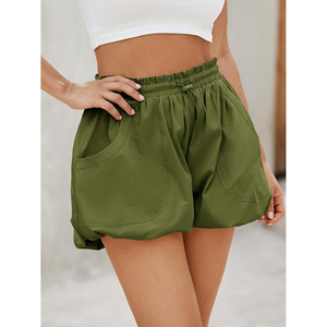 Shorts taille haute pour femme, coupe moulante, avec poches, cordon de serrage, en coton/polyester, vert, décontracté, respirant, délavage clair - Product Image 4