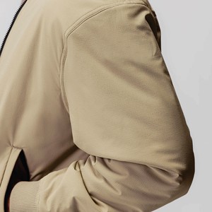 <b>Men's</b> <b>Khaki</b> Bomber Jacket Solid Color Stand Collar Zipper Closure Casual Winter Wear Polyester Material Front Logo Streetwear - Product Image 5