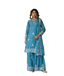 Ensemble Salwar Kameez en soie brodée bleue avec dupatta pour femme, tenue traditionnelle indienne pour mariage, coupe régulière longueur entière - Product Image 5