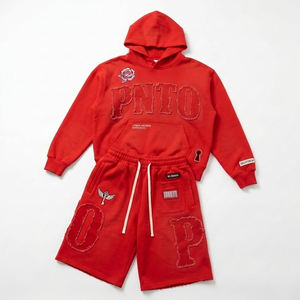 Conjunto de Sudadera con Capucha y Pantalones Cortos de Verano para Hombre, 100% Algodón, Felpa Francesa, Secado Rápido, Estilo Urbano, Bordado Desgastado - Product Image 1