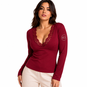 Women's French Terry Lace Trim V Neck Sweatshirt Burgundy Slim Fit Long Sleeve Casual Hoodies Wholesale Private <b>Label</b> - Product Image 1