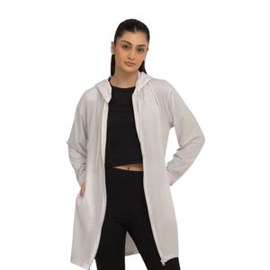 Cárdigan Largo con Capucha para Mujer, Color Blanco, Manga Larga, Abierto por Delante, Ligero, Informal, Corte Holgado, con Bolsillos - Product Image 1