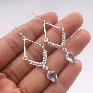 Handmade 925 Sterling <b>Silver</b> Blue Topaz Drop <b>Earrings</b> with Beaded Hoop Design Elegant Teardrop Gemstone <b>Dangle</b> <b>Earrings</b> - Product Image 1