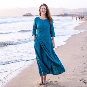 Vintage 100% Cotton Linen Midi <b>Dress</b> Women Draped Wrap Style Asymmetrical <b>Loose</b> Fit Summer <b>Dress</b> with Pockets Plus Size - Product Image 1