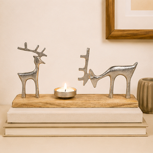 Handcrafted Silver Aluminum Reindeer Candle Holder With Natural Mango Wood Base For Christmas Home Tabletop And Festive Accents - Product Image 3
