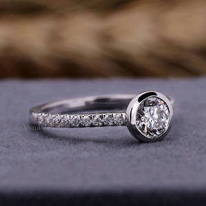 Minimalist 18K White <b>Gold</b> Bezel Set Lab Grown Diamond Anniversary <b>Ring</b> <b>Dainty</b> Round Cut Pave Set Wedding Engagement <b>Ring</b> IGI - Product Image 3