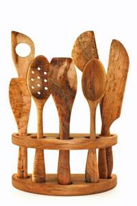 Juego de cucharas de madera rústicas para cocinar en la cocina con espátula, cuchara, volteador y cuchara para mezclar para la preparación de alimentos. - Product Image 5