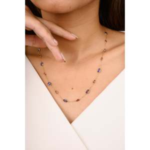 18K Solid Yellow Gold Tanzanite and Tourmaline Station Fashion Necklace - Product Image 6