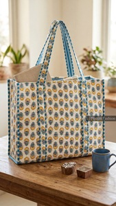 Bolso Tote Grande de Algodón Acolchado con Estampado Floral Hecho a Mano en Jaipur para Primavera/Verano, con Cremallera, Ecológico, para Playa o Viaje, para Mujer - Product Image 6