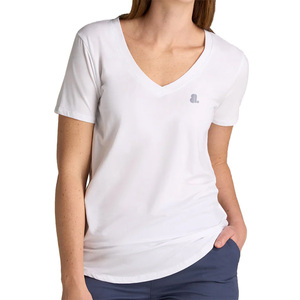 T-shirt pour femme à col en V, manches courtes, couleur unie, logo, vêtement décontracté, coupe classique, tissu jersey 100% coton biologique, séchage rapide, été - Product Image 1