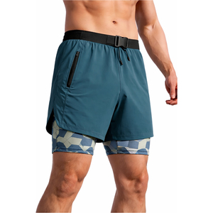 Men 2 in 1 Double Layer Sports <b>Shorts</b> Quick Dry With <b>Zipper</b> Pockets Floral Print Drawstring Waist Mid Length Athletic <b>Short</b> - Product Image 3