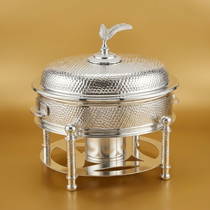 Classic Brass Hand-Hammered <b>Buffet</b> <b>Warmer</b> Featuring a Tiered Dome Lid Shell-Shaped Finial and a solid circular pedestal base - Product Image 2