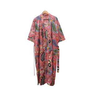 Bata Kimono Rosa Hecha a Mano de Algodón con Estampado Floral Paisley, Cuello en V, Manga Larga, Bata de Descanso, Ropa de Playa, Ropa de Resort - Product Image 1