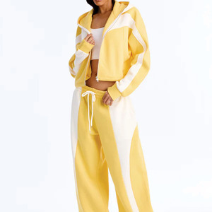 Conjunto de chándal de forro polar suave amarillo al por mayor, de gran tamaño y peso pesado, con sudadera corta y pantalones jogger, estilo urbano, para hombre y mujer, proveedor - Product Image 2