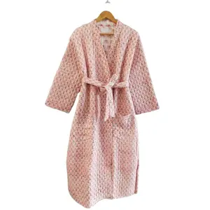 Kimono largo de algodón para mujer, bata de baño acolchada con estampado indio hecho a mano, ropa de dormir de invierno