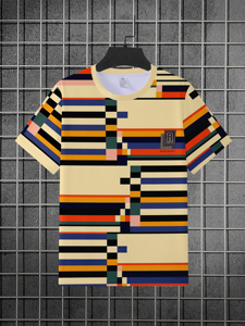 Men's Color Contrast Striped Pattern Round Neck And Short Sleeve <b>T</b>-<b>shirt</b> Summer Casual Casual Chic Men's <b>T</b>-<b>shirt</b> - Product Image 3