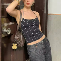 Atasan Wanita Model CAMIS Polkadot Biru Muda Hitam dengan Logo Custom Grosir, Logo Depan, Potongan Pendek Slim Fit, Bahan Bernapas Ramah Lingkungan, Gaya Y2K untuk Musim Panas