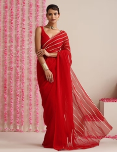 KV <b>Red</b> and Gold Triangle Impression Georgette <b>Saree</b> With Unstitched Blouse - Product Image 5