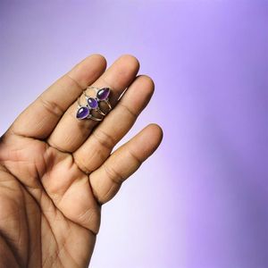 Bague en argent sterling 925 avec améthyste naturelle, faite à la main, trois pierres, ajustable, pour femme, vente en gros de bijoux - Product Image 2