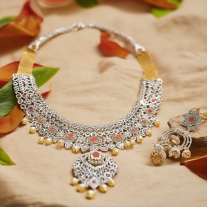 American Diamond Rhodium & <b>Gold</b> Plated Bridal <b>Jewelry</b> <b>Set</b> with Earrings - Product Image 3