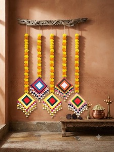 Wholesale Pack Handmade Artificial Marigold Fluffy <b>Flower</b> Garland Colorful Plastic Diamond <b>Mirror</b> Latkan Traditional Home Decor - Product Image 1