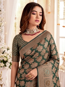 Sari traditionnel vert or en mousseline de soie et organza pour femme, tenue de mariage, longueur au sol, coupe classique, style indien pakistanais, avec paillettes - Product Image 4