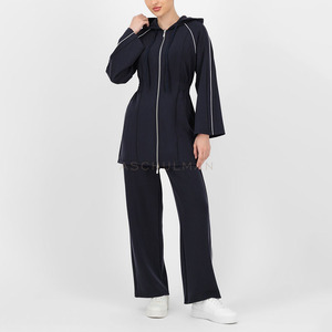 Ensemble de survêtement pour femmes à manches longues, couleur unie, avec poches latérales, fermeture éclair, capuche, coupe ample décontractée, vêtements d'automne - Product Image 1