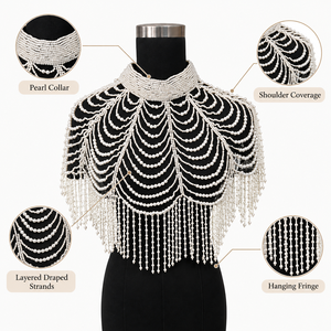 Pearl <b>Cape</b> Shoulder Jewelry with Layered Beaded Drapes and Fringe for Party, Bridal and Stage Wear - Product Image 6