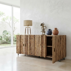 Aparador Grande de Madera Maciza, Estilo Rústico con Listones, 4 Puertas, Estilo Teca Natural, Mueble Buffet de Madera para Sala de Estar - Product Image 5