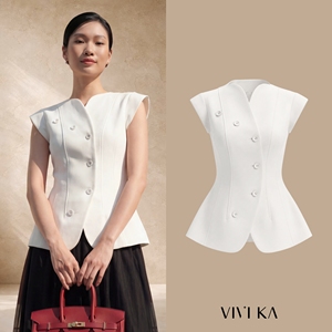 Chaleco Elegante Blanco Asimétrico para Mujer, con Mangas Cortas, Estilo Oficina, Moderno, Casual de Negocios, Marca YONA - Product Image 1