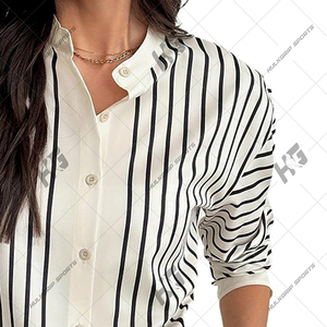 Chemise élégante à rayures verticales noires et blanches à manches longues, chemise boutonnée surdimensionnée en coton et lin personnalisée – Manches longues décontractées - Product Image 4
