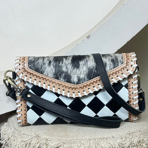 Wholesale Genuine Black & White Checkerboard Cowhide Tooled Leather Western Clutch Purse Wristlet Crossbody <b>Mini</b> Bag for Women's - Product Image 4