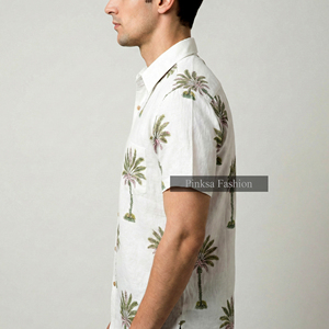 Chemise à manches courtes pour homme en coton 100% Sanganeri, imprimé à la main, écologique, séchage rapide, motif palmier tropical, été - Product Image 3