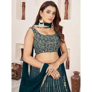 Étonnant vert sarcelle paillettes Georgette fiançailles porter Lehenga Choli robes de soirée élégantes - Product Image 5