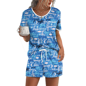 Conjunto de 2 Piezas para Mujer, Estampado Azul, Cuello Redondo, Manga Corta, Corte Holgado Informal, con Bolsillo, Ropa de Dormir Transpirable de Algodón - Product Image 1