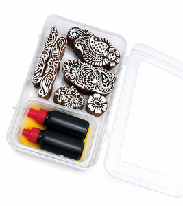 Kit de blocs d'impression au henné en bois faits à la main avec encre et tampon éponge – Tampons de motifs traditionnels Mehndi pour l'artisanat et l'impression textile - Product Image 1
