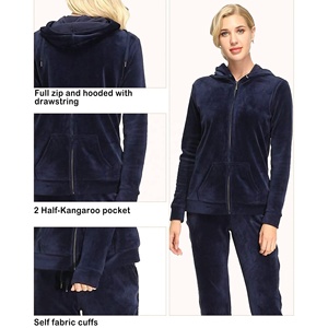 Women's Navy Blue Hooded <b>Tracksuit</b> Set Full Length Solid Color Casual Joggers with Side Pockets Zipper Fly Winter Wear - Product Image 5