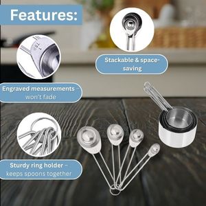 Stainless Steel <b>Measuring</b> Spoons & <b>Cup</b> <b>Set</b> Combo <b>Set</b> of 8 with Stainless Steel <b>Measuring</b> Handle for Baking and Cooking - Product Image 2