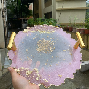 Flower Shaped <b>Epoxy</b> Resin Serving Tray With Gold Handles Purple Geode Agate Coaster Platter Decorative <b>Coffee</b> <b>Table</b> Centerpiece - Product Image 6