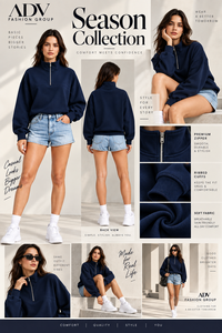 <b>Women's</b> <b>Navy</b> Blue Quarter-Zip Pullover Sweatshirt – High Neck Casual Oversized <b>Fleece</b> Top Stand Collar <b>Fleece</b> Pullover Top - Product Image 6