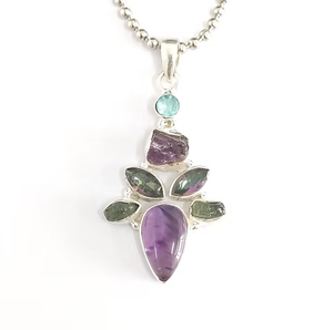 Pendentif unisexe en argent 925 avec pierres multiples (améthyste, aquamarine et tourmaline), style ethnique et motif géométrique - Product Image 2