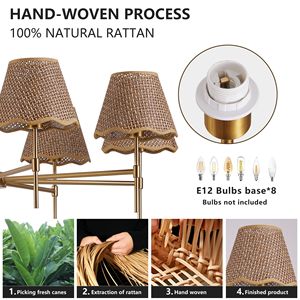 Lampadario a sospensione rustico in rattan a 8 luci, stile boho, oro, 38.6 cm, regolabile in altezza - Product Image 5