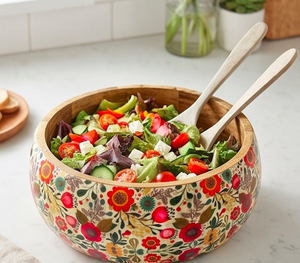 Bol à salade en bois d'acacia mangue, avec revêtement émaillé, imprimé floral, articles de cuisine, qualité alimentaire - Product Image 4